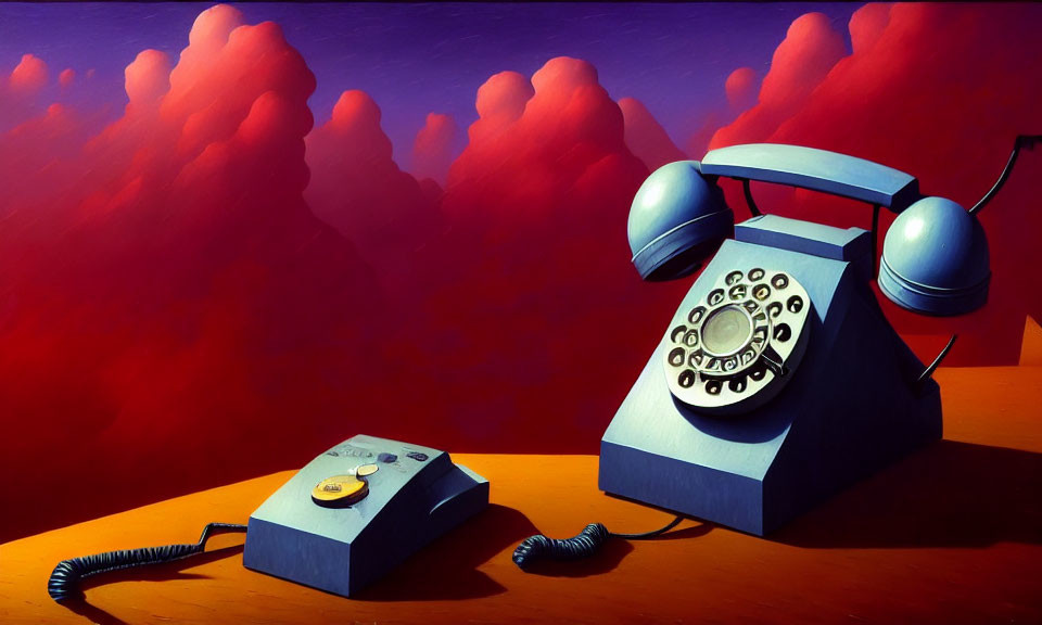 Surreal painting: large rotary dial telephone off hook, smaller phone, red clouds