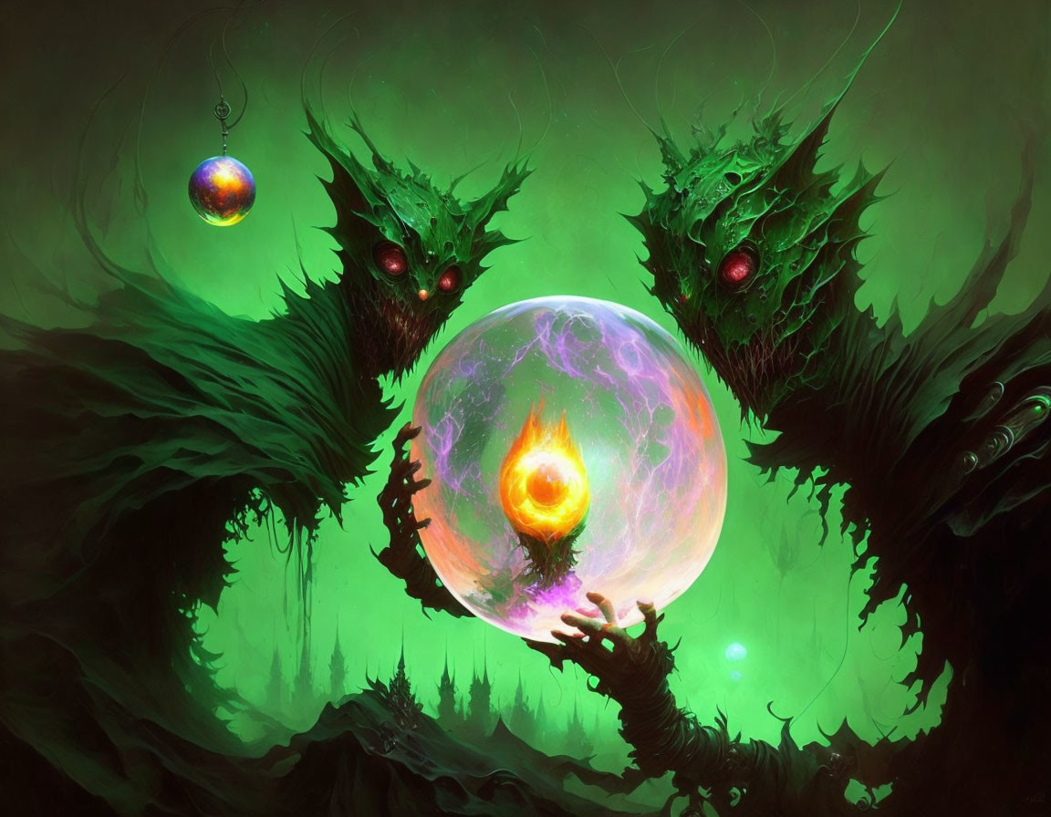 Fantastical artwork: Two giant creatures with glowing red eyes and orb on green background