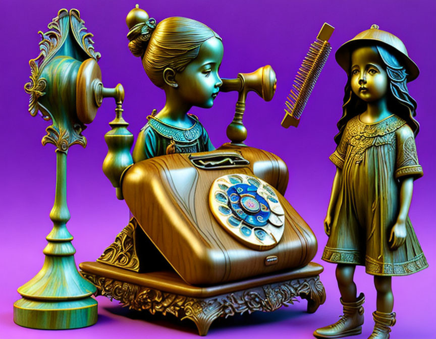 Stylized girls with vintage telephone and lamp in rich purple and gold tones