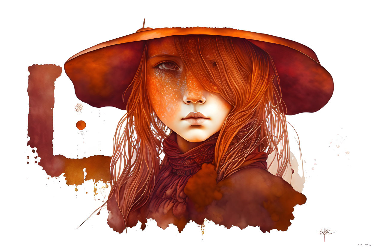 Red-haired girl in large brimmed hat with abstract watercolor splashes