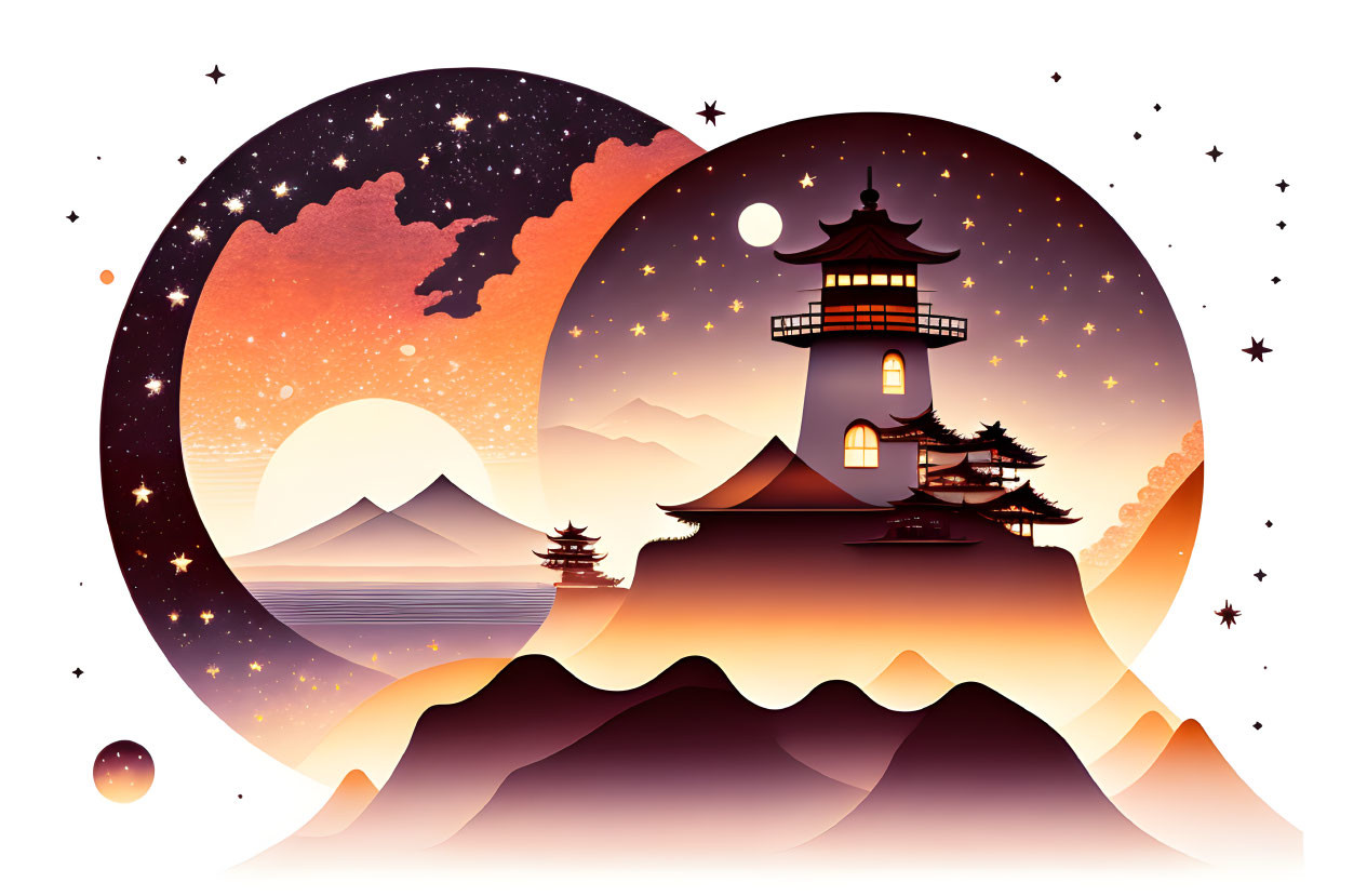 Stylized artwork of yin-yang symbol blending day and night, Asian pagoda, mountains