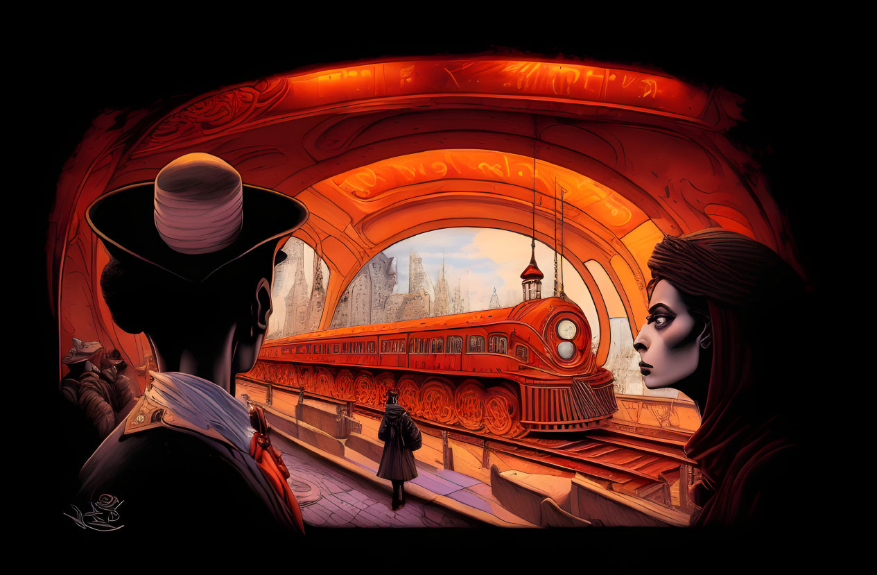 Illustration of two people in retro-futuristic train station with sleek train and cityscape view.