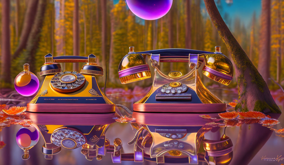 Vintage telephones on books in surreal autumn forest with purple orbs, reflective surface, and warm lighting