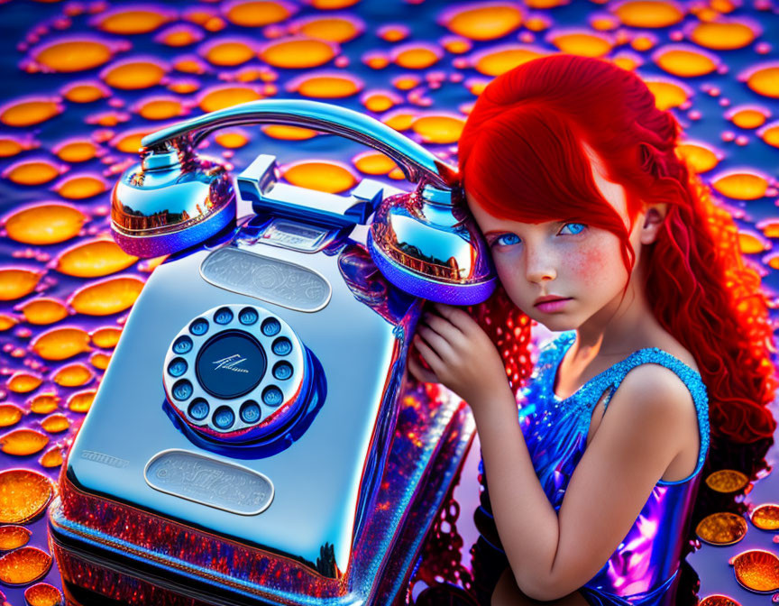 Red-haired girl with vintage rotary phone on colorful background