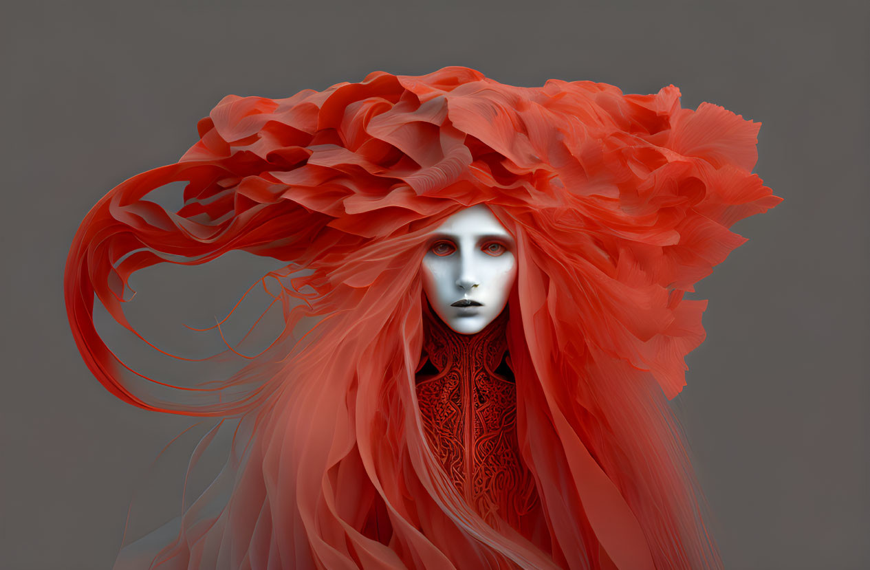 Vibrant red flowing hair portrait with intense eyes