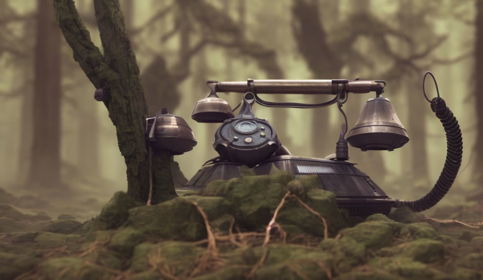 Vintage rotary dial telephone on mossy forest floor in foggy woods