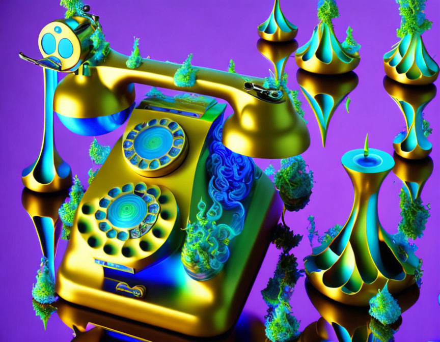 Vivid surreal image: Golden retro telephone, psychedelic patterns, floating objects, fractal shapes, purple