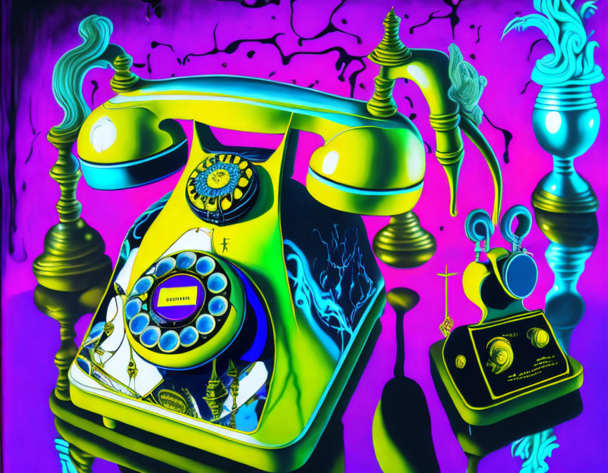 Vibrantly colored surreal artwork of a melting rotary phone on purple backdrop