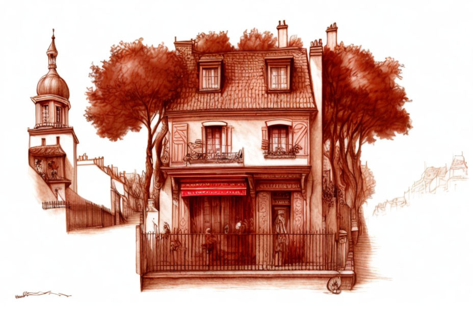 Sepia-Toned Sketch of Quaint Two-Story Building with Balcony