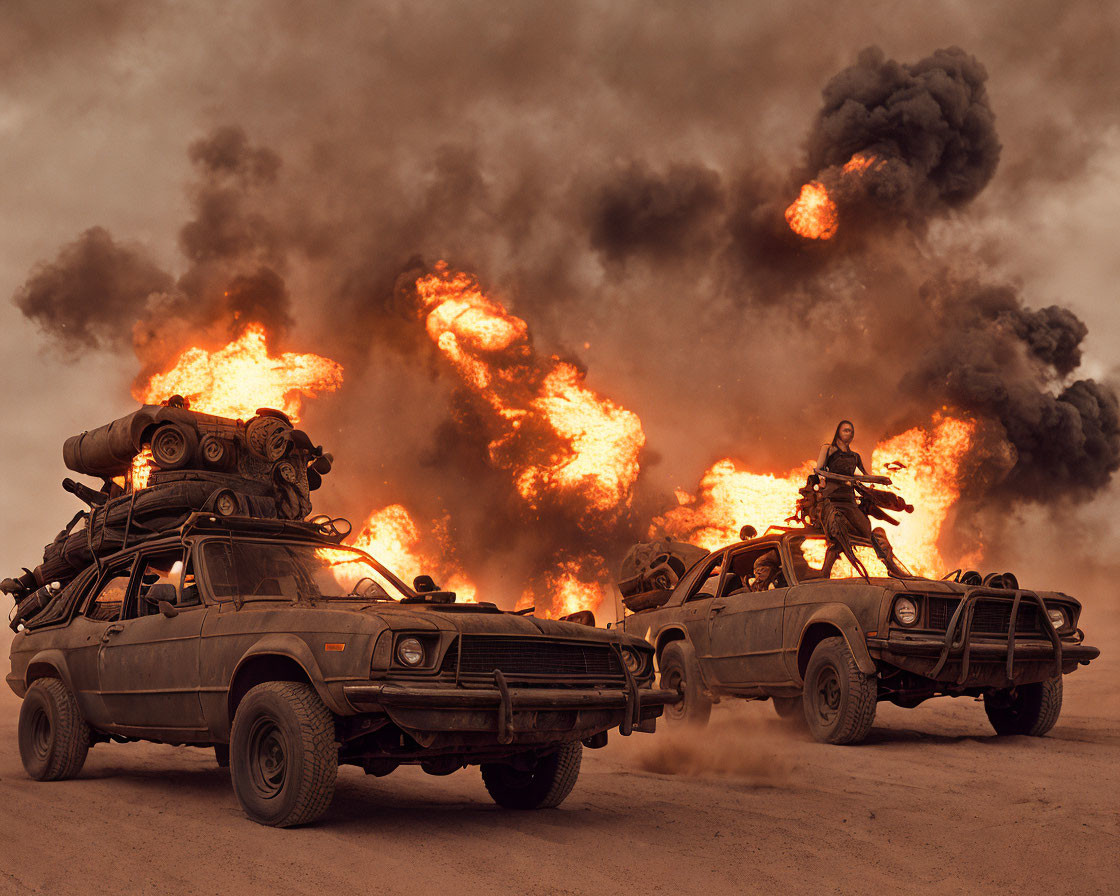 Modified cars racing in desert with fireball and smoke plumes