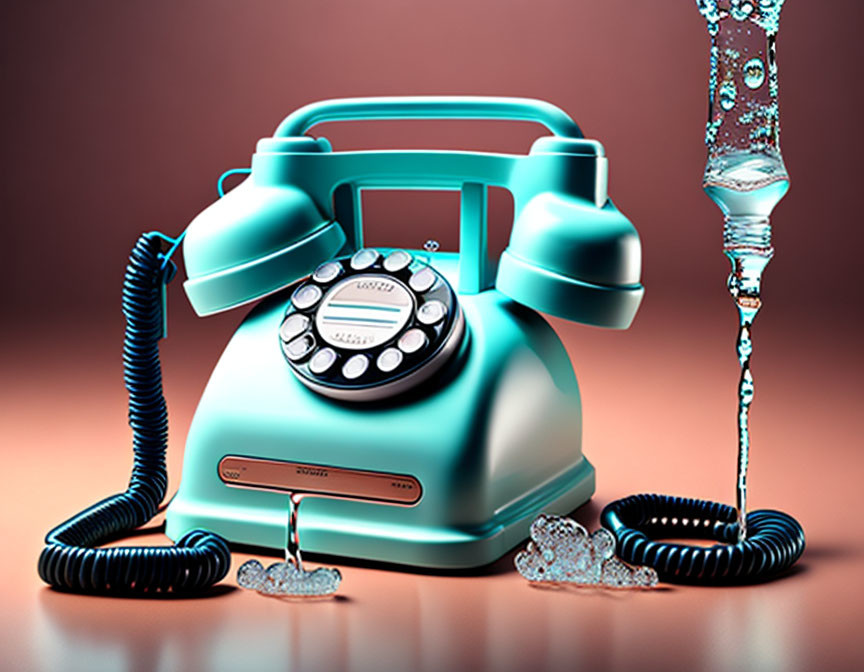 Vintage Turquoise Rotary Dial Phone on Rose Background with Liquid Splash and Bubbles