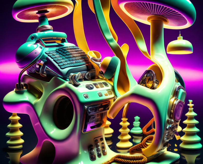 Surreal digital artwork: vibrant neon colors, organic shapes, and technological objects