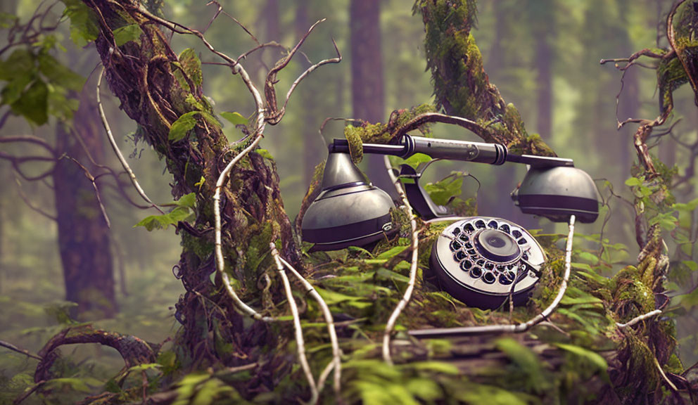 Vintage rotary telephone covered in vines in misty forest