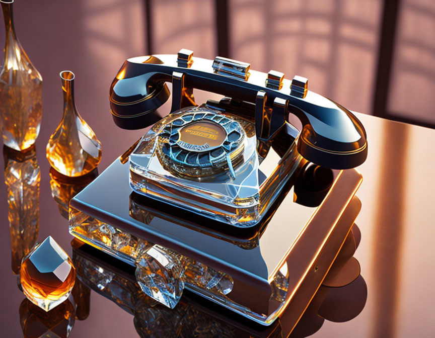 Vintage Black and Gold Telephone with Crystal Clear Dial and Glass Perfume Bottles in Warmly Lit Room