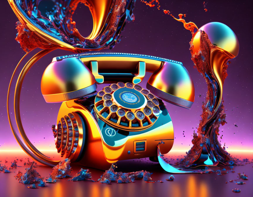 Colorful surreal rotary phone melting with liquid splashes on purple and orange background