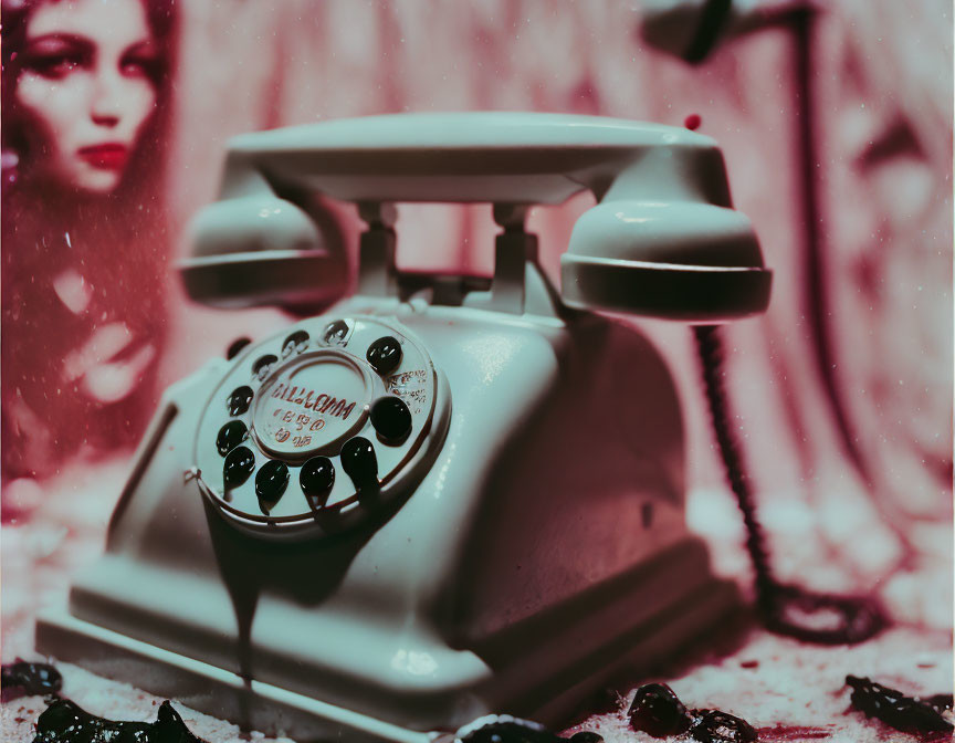 Vintage rotary phone with blurred portrait in dreamy red hue