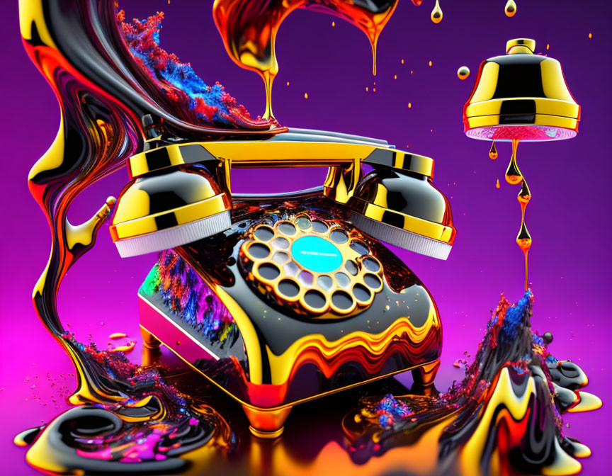 Colorful surreal image: Melting rotary phone with liquid splashes on purple background