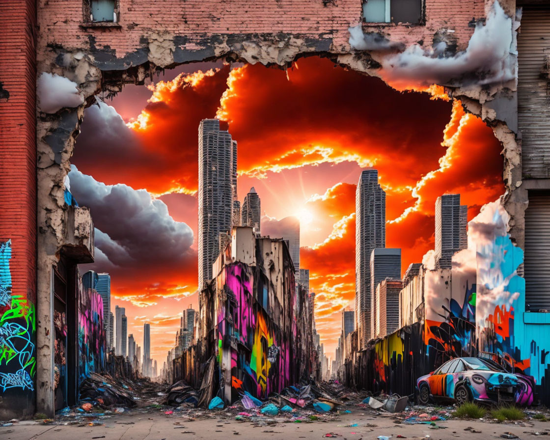 Colorful graffiti art on crumbling walls in vibrant sunset silhouette