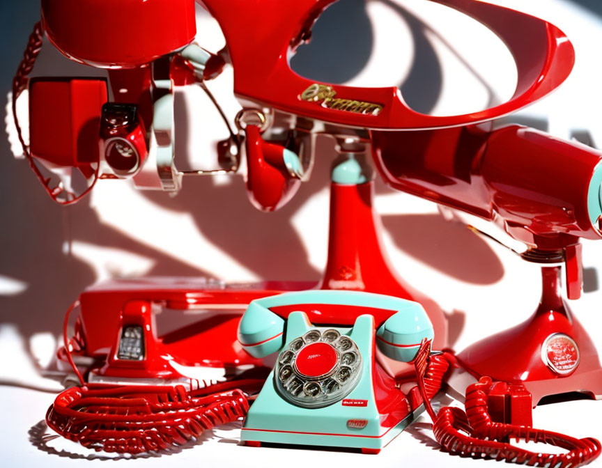 Vintage Turquoise Rotary Phone and Red Stand Mixer Parts on White Surface