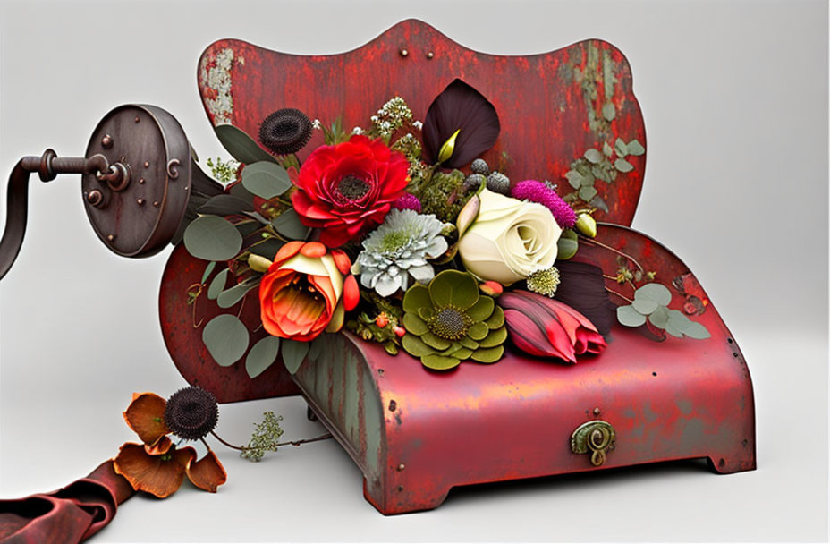 Rusted vintage meat grinder with vibrant flower bouquet