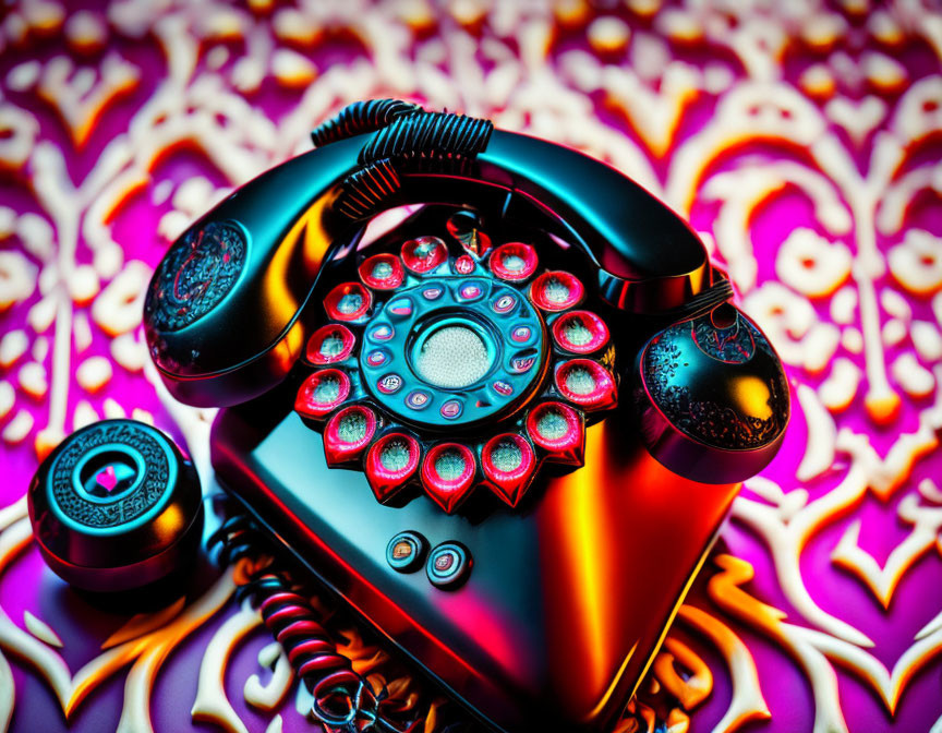 Vintage Rotary Phone with Colorful Embellishments on Patterned Background