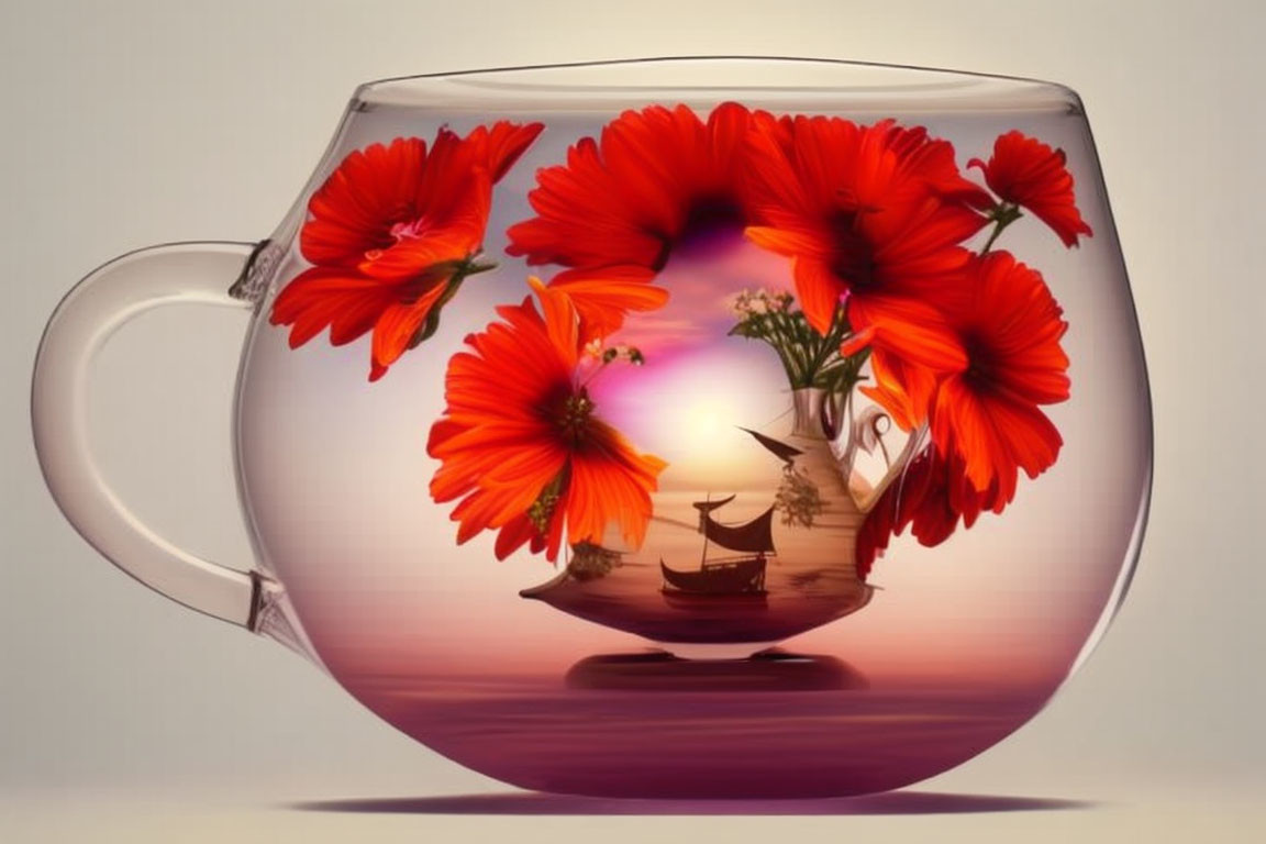 Transparent cup with vibrant orange flowers and miniature sailboat on rose sea