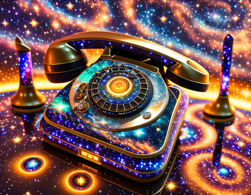 Vintage Rotary Dial Phone with Cosmic Design on Space-themed Backdrop