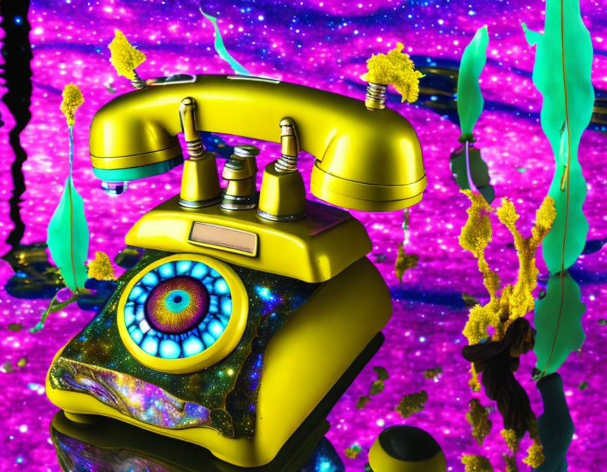 Vibrant surreal art: yellow rotary phone with eye dial on colorful background