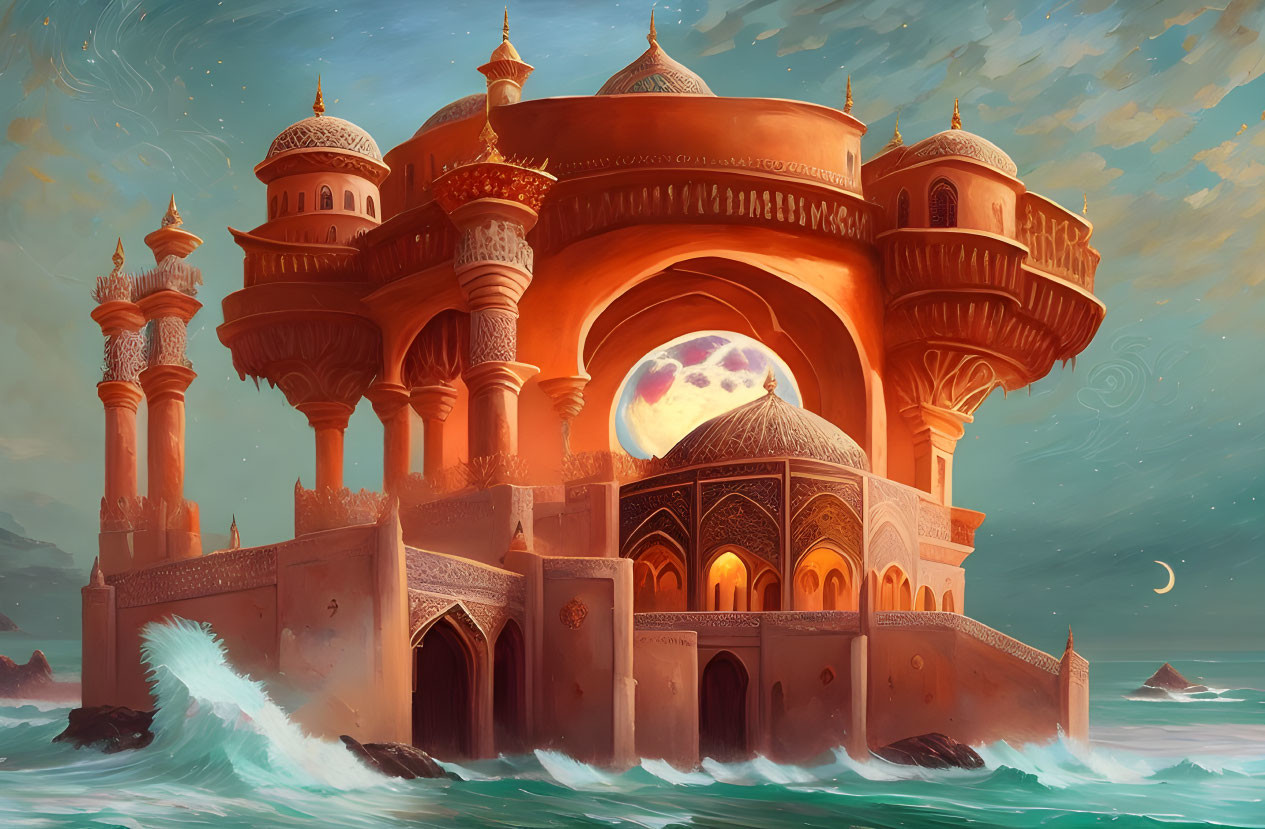 Fantasy palace with domes and arches on rocky coast under moonlit sky