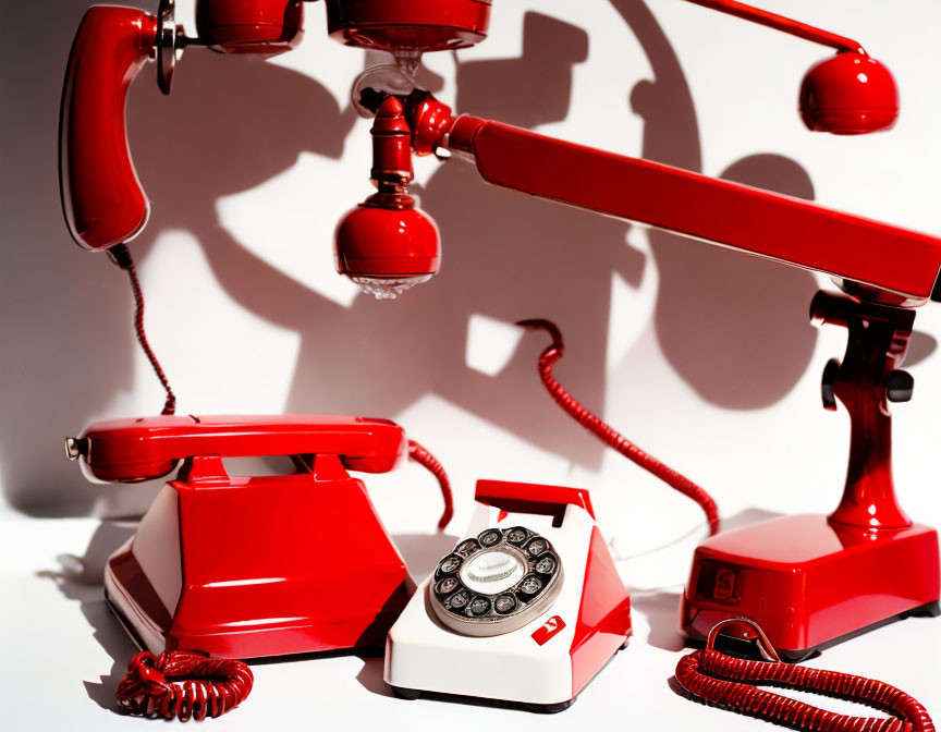 Three vintage red rotary dial telephones with lifted handsets on white background