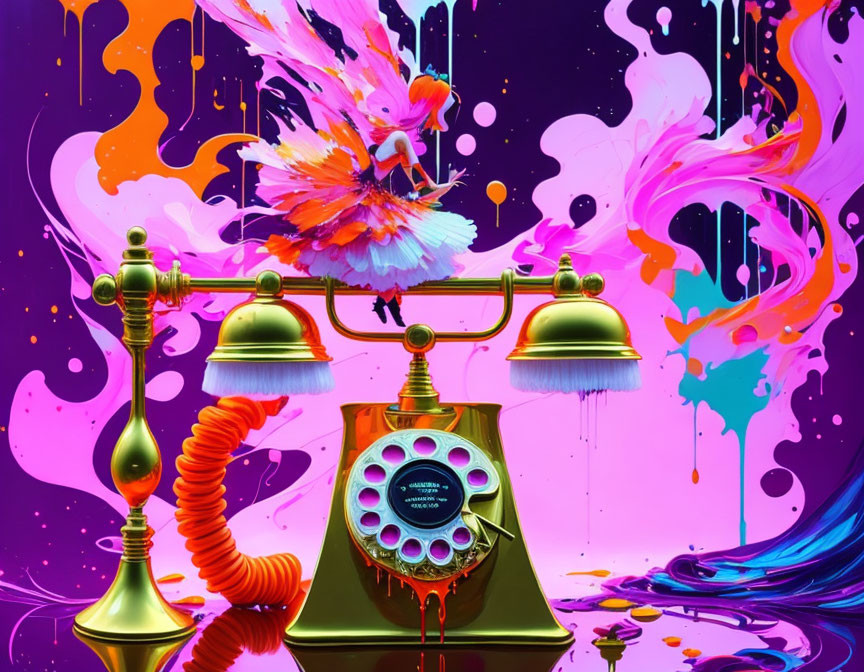 Colorful vintage telephone art with whimsical flower explosion.