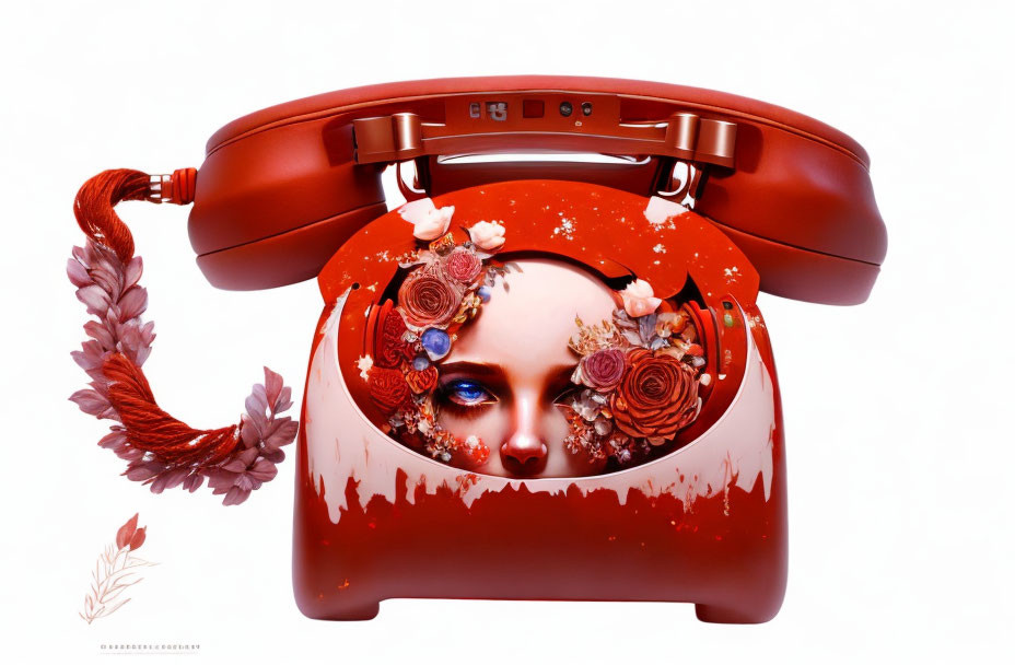 Surreal red vintage telephone with woman's face and flowers on white background