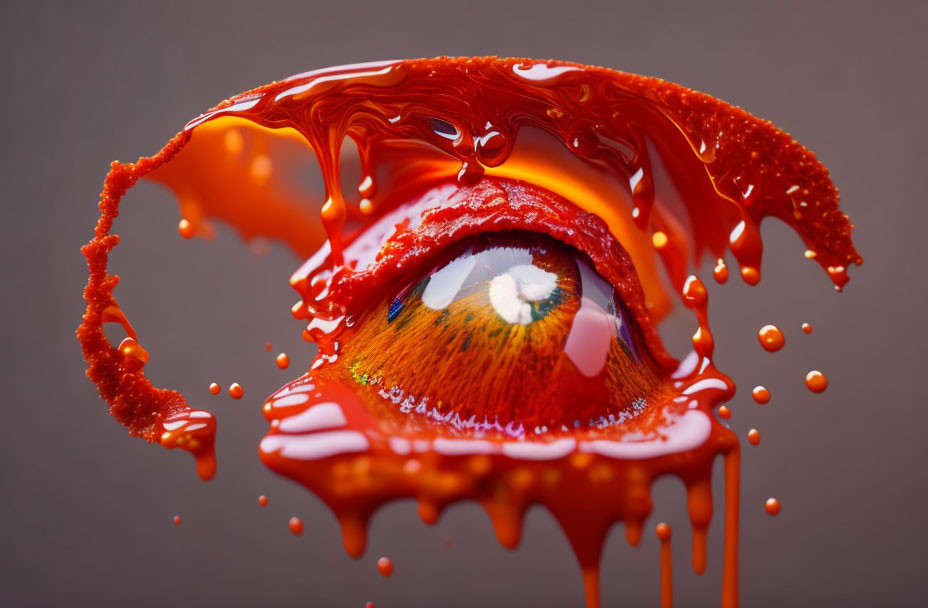 Detailed depiction: Human eye with red liquid splashes draped artistically.