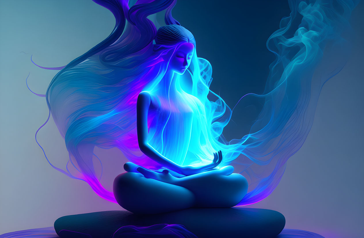 Digital artwork: Woman meditating in blue and purple energy with flowing aura