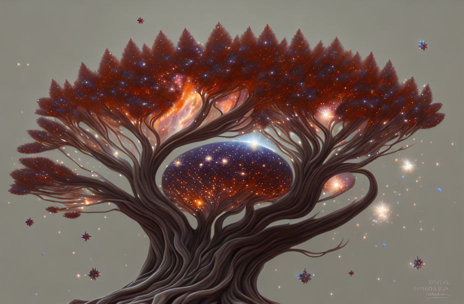 Mystical tree with galaxy branches and cosmic clouds on gray background