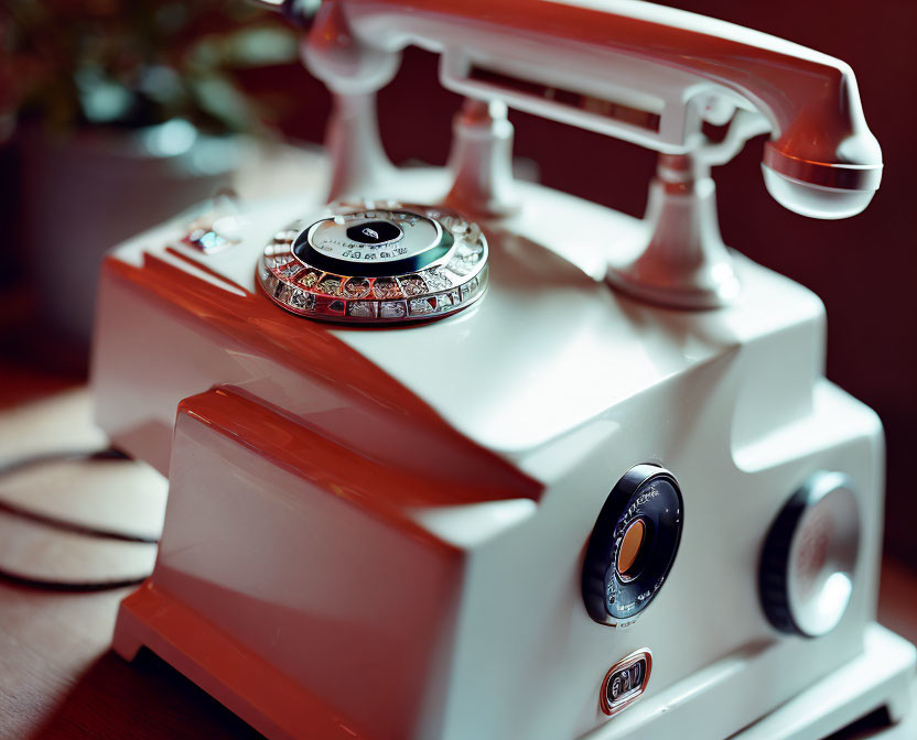 Vintage White Rotary Dial Telephone on Wooden Surface