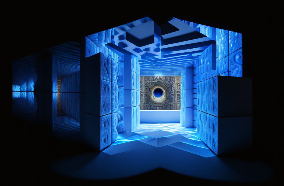 Futuristic corridor with blue lighting and abstract patterns leading to bright square portal