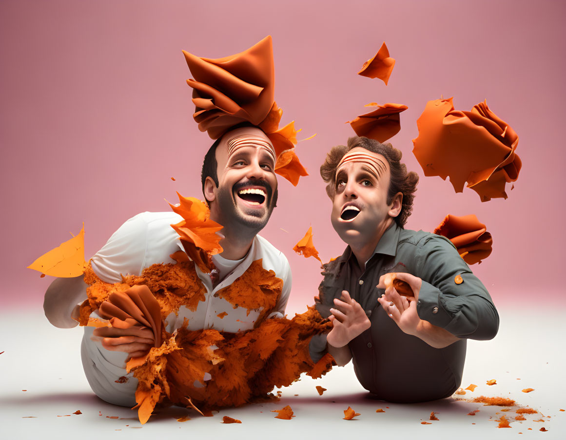 Dynamic orange fragments surround joyful men against pink background