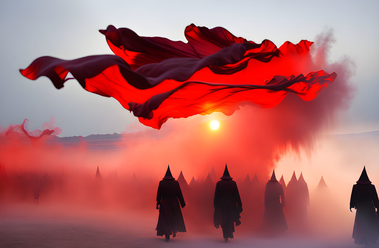 Cloaked figures walking towards sunset with red banner and swirling smoke