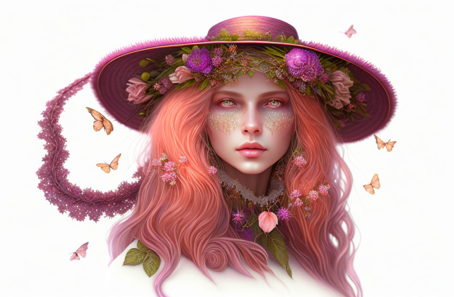 Digital painting of woman with vibrant pink hair wearing floral adorned hat & butterflies, with dreamy, eth