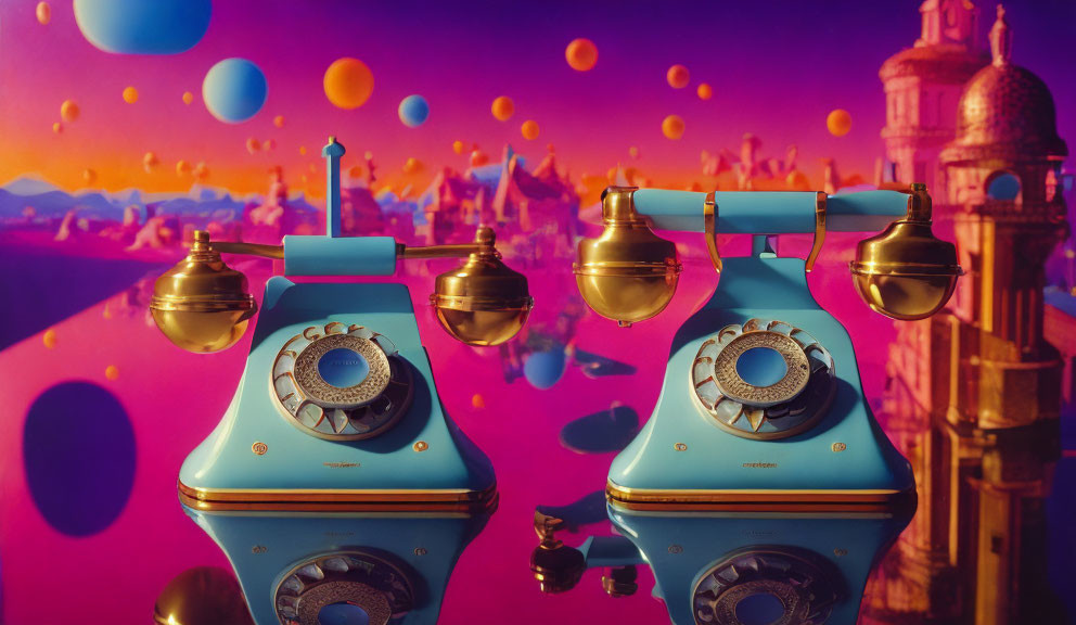 Vintage turquoise telephones with rotary dials in whimsical setting.