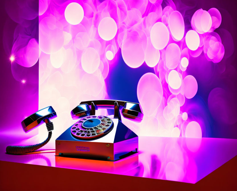 Vintage Rotary Telephone with Pink and Purple Lighting on Bokeh Background