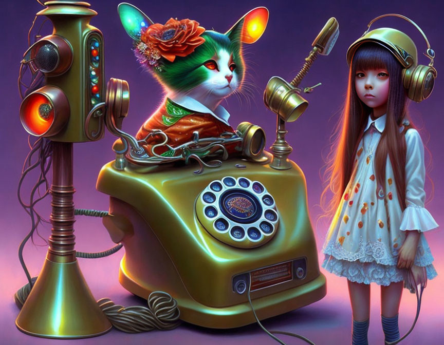Cat in green hat on vintage phone with girl in helmet and retro-futuristic gadgets