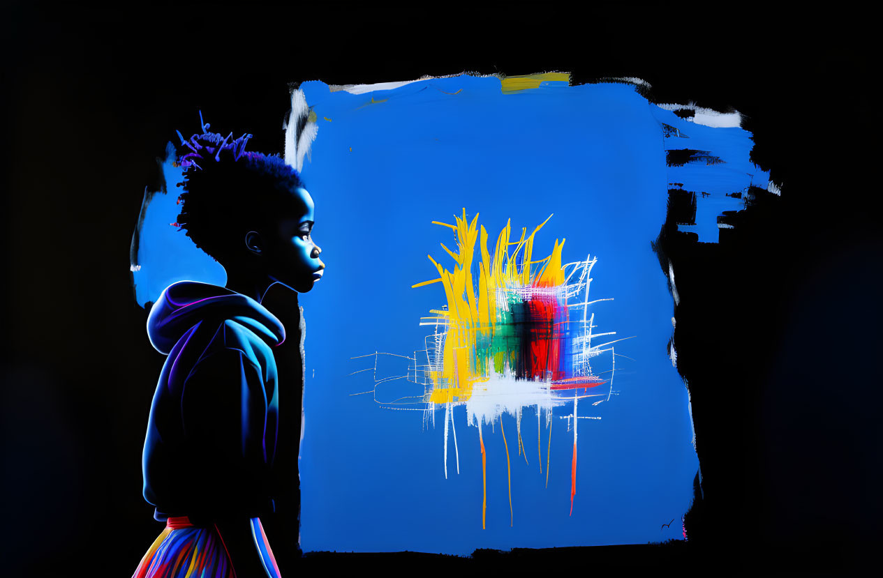 Young person profile with vibrant paint splash on dark background