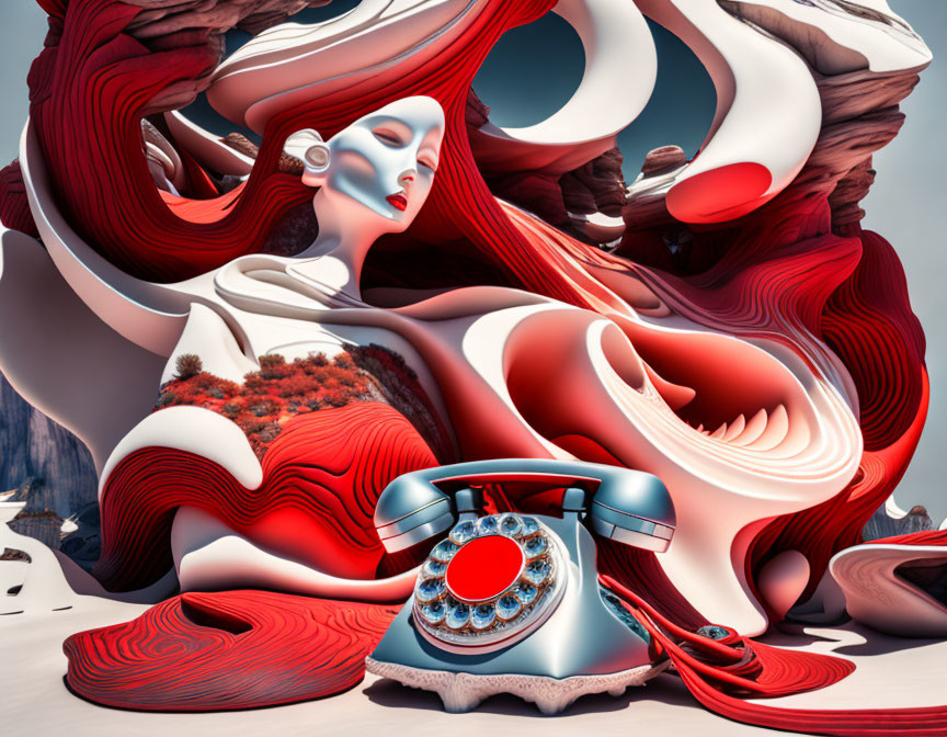 Surrealistic landscape with swirling red and white structures and stylized female figure beside old-fashioned blue