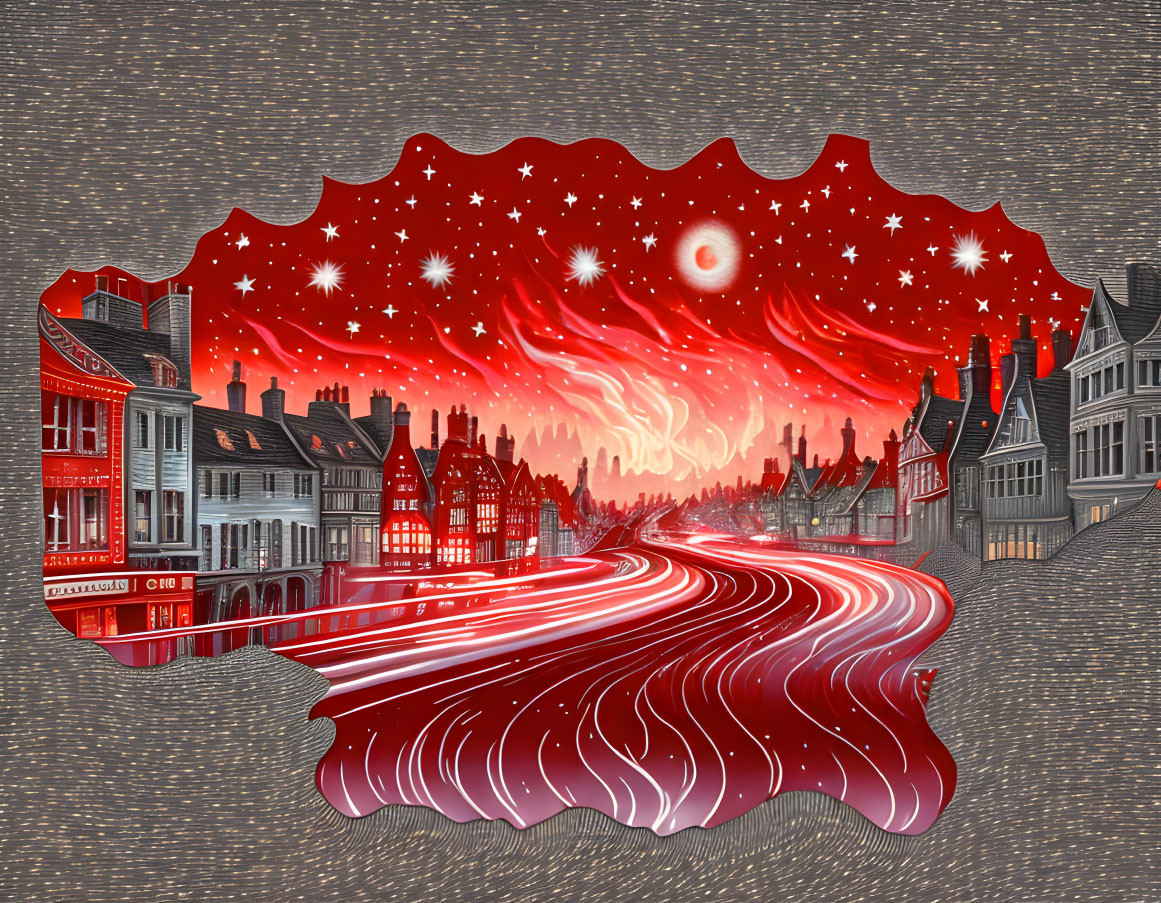 Surreal artwork of red starry sky over curvy road in old-fashioned town