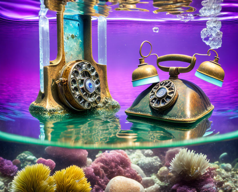 Vintage rotary phones in fish tank with coral & bubbles symbolize underwater communication concept