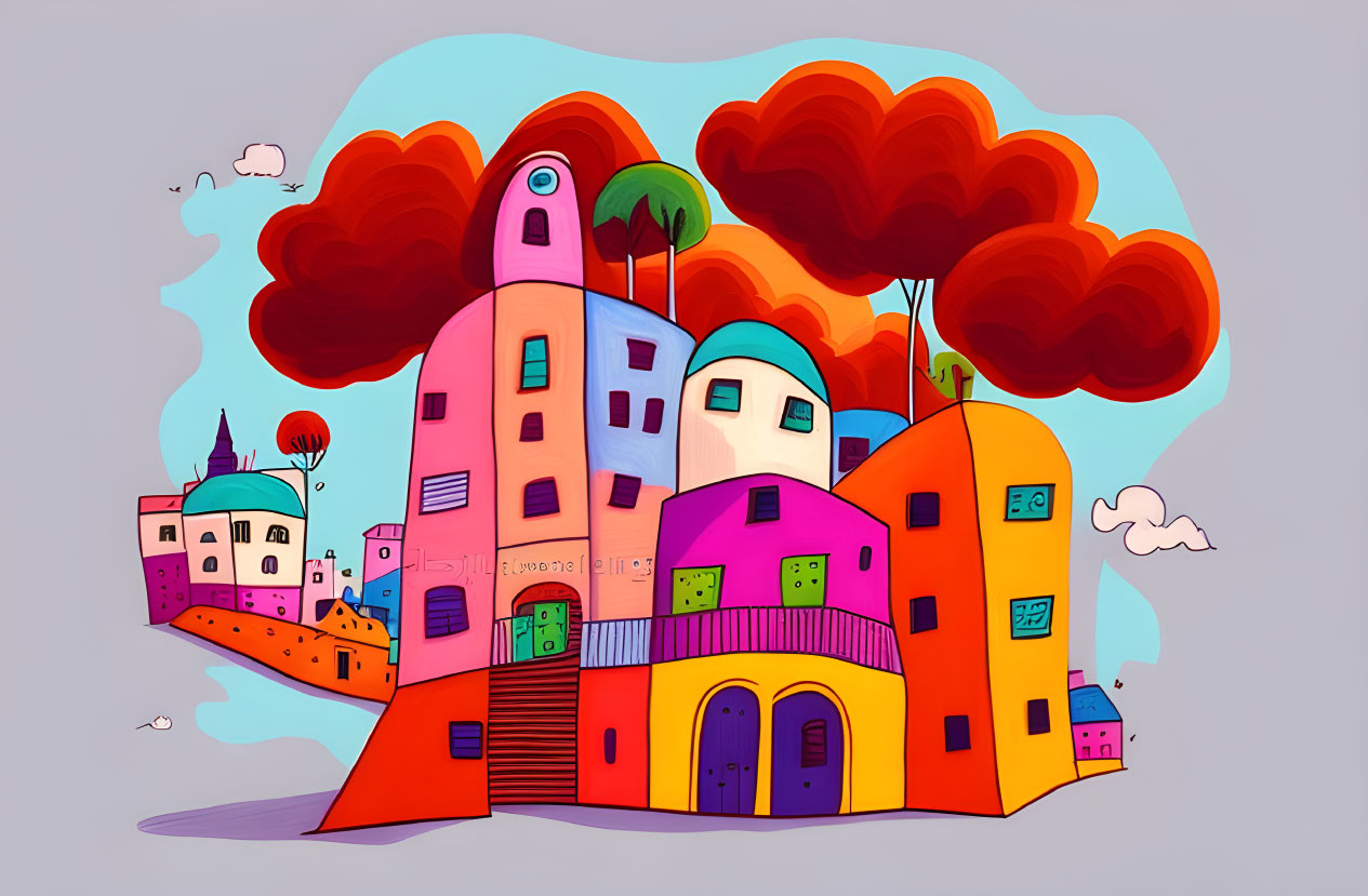 Vibrant town illustration with colorful buildings and red trees