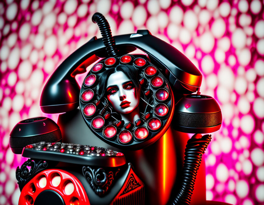 Surreal artwork: Woman's face in rotary phone dial, red buttons, pink bubble backdrop