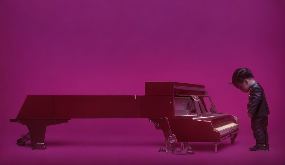 Child in leather jacket plays grand piano on magenta background